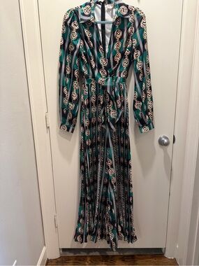 L'ATISTE green Black Cream Geometric Print Wrap Maxi Jumpsuit small wide leg